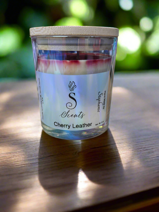 7 oz Glass Cherry Leather Iridescent Candle with Bambo Lid