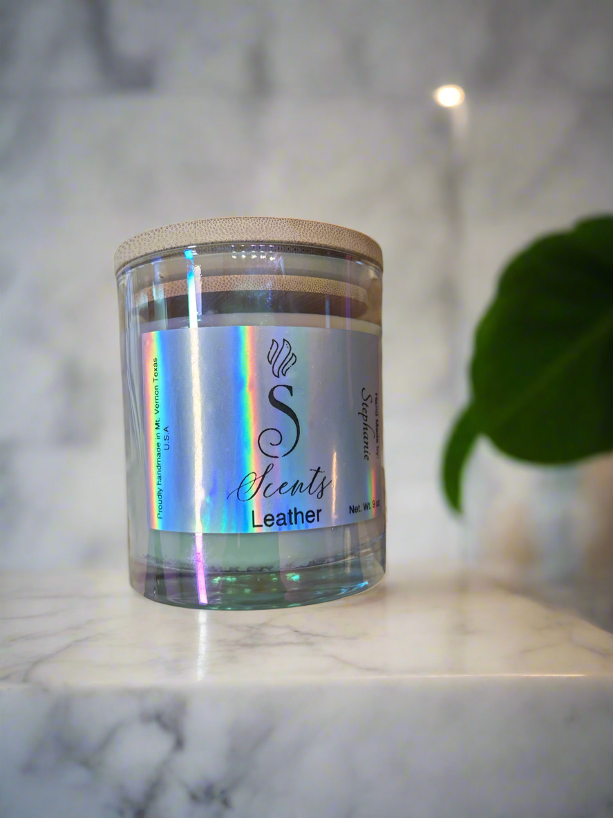 9 oz Glass Leather Iridescent Candle with Bambo Lid