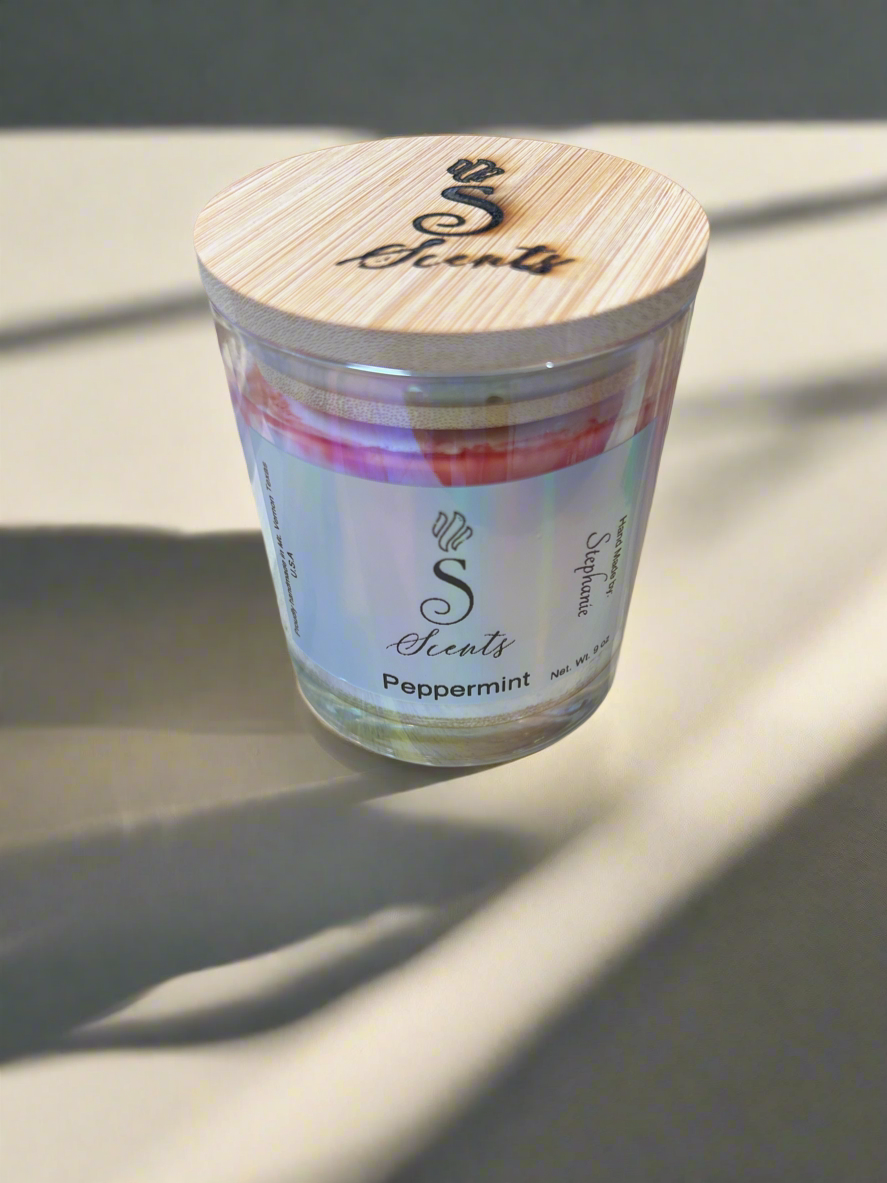 9 oz Glass Peppermint Iridescent Candle with Bambo Lid