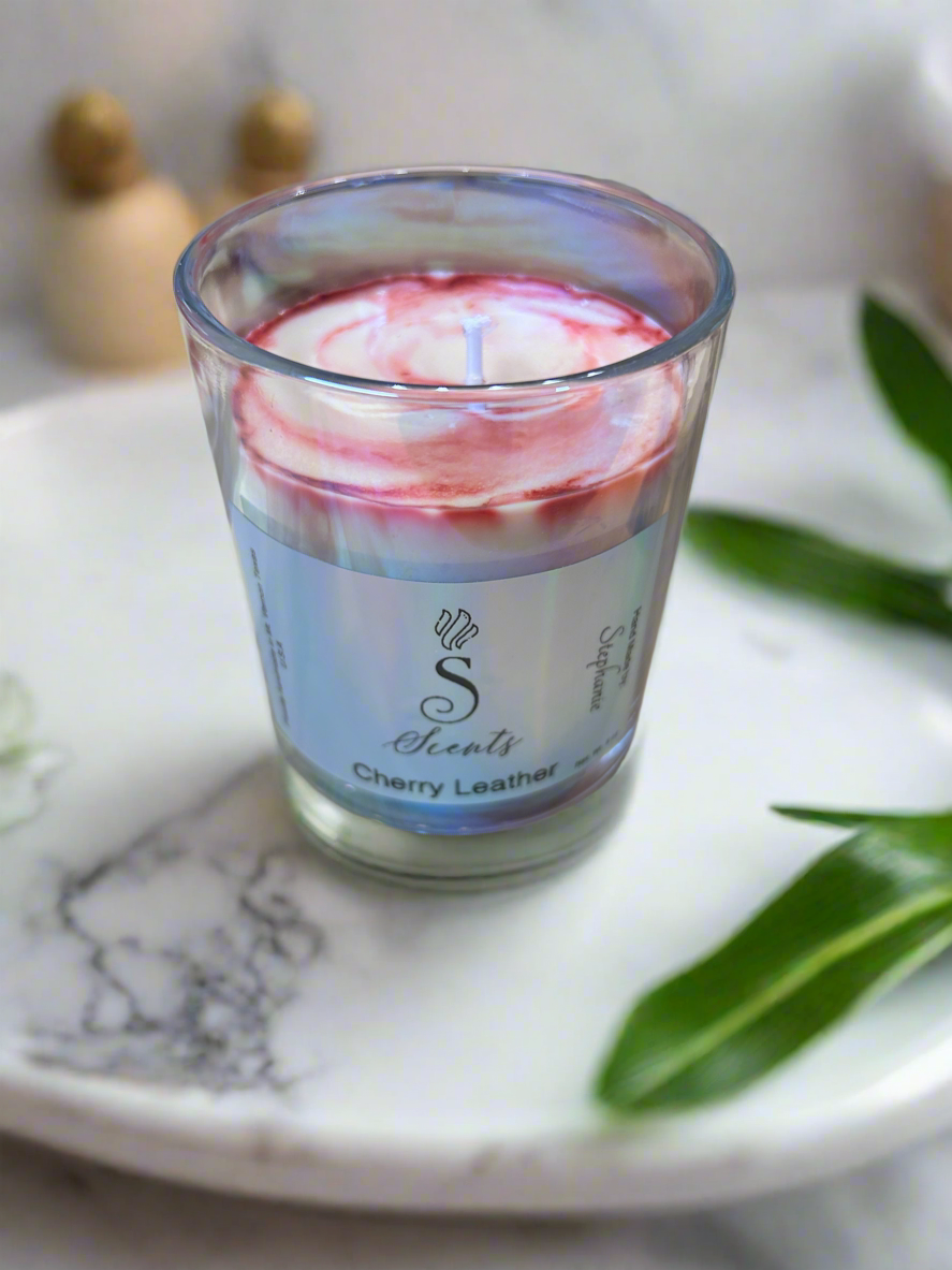 9 oz Glass Cherry Leather Iridescent Candle with Bambo Lid