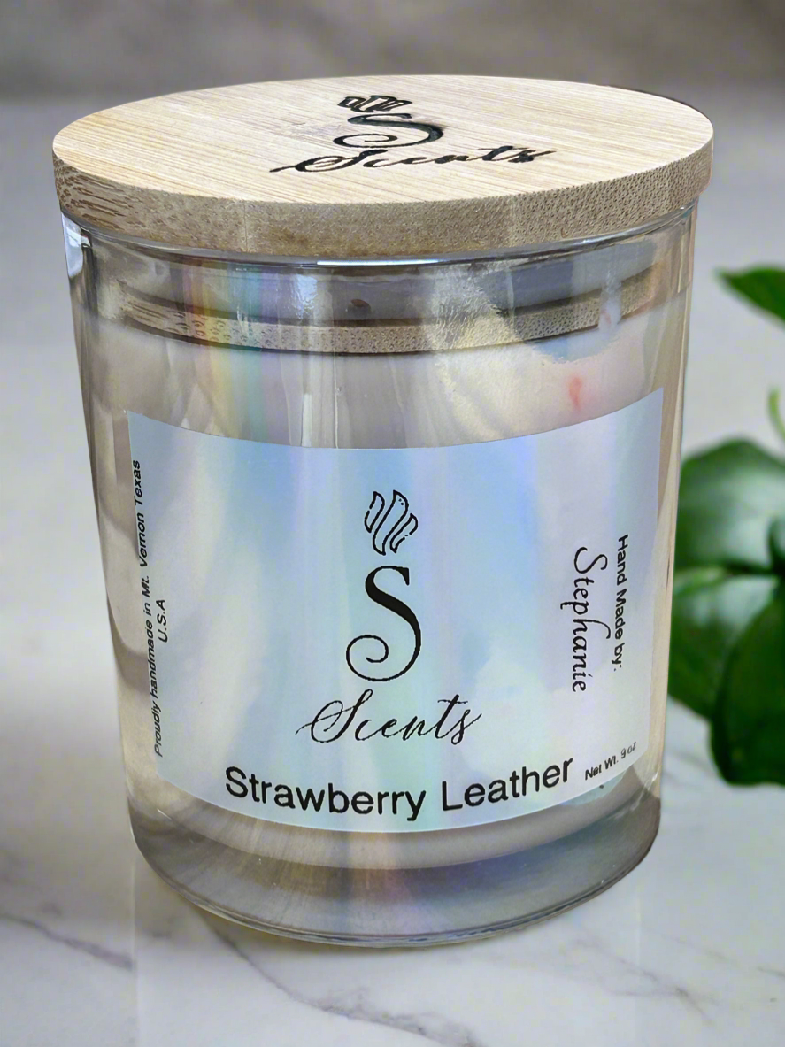 9oz Strawberry Leather Glass Candle