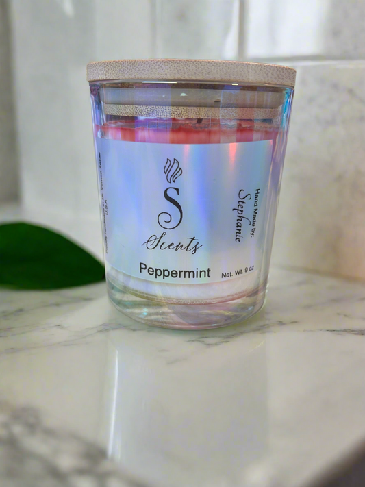 9 oz Glass Peppermint Iridescent Candle with Bambo Lid