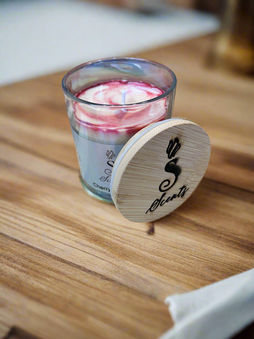 9 oz Glass Cherry Leather Iridescent Candle with Bambo Lid